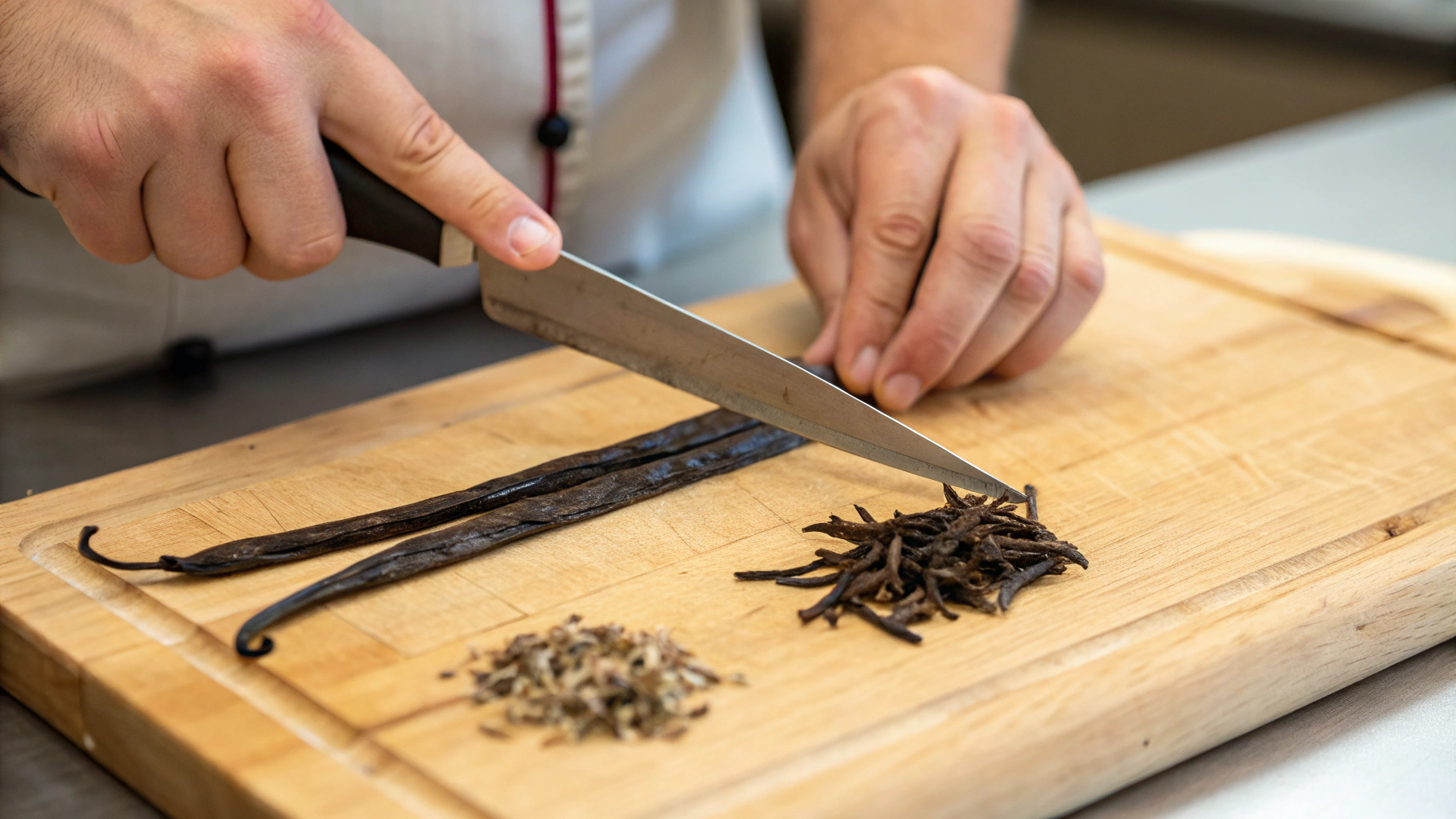 Splitting vanilla beans to extract seeds