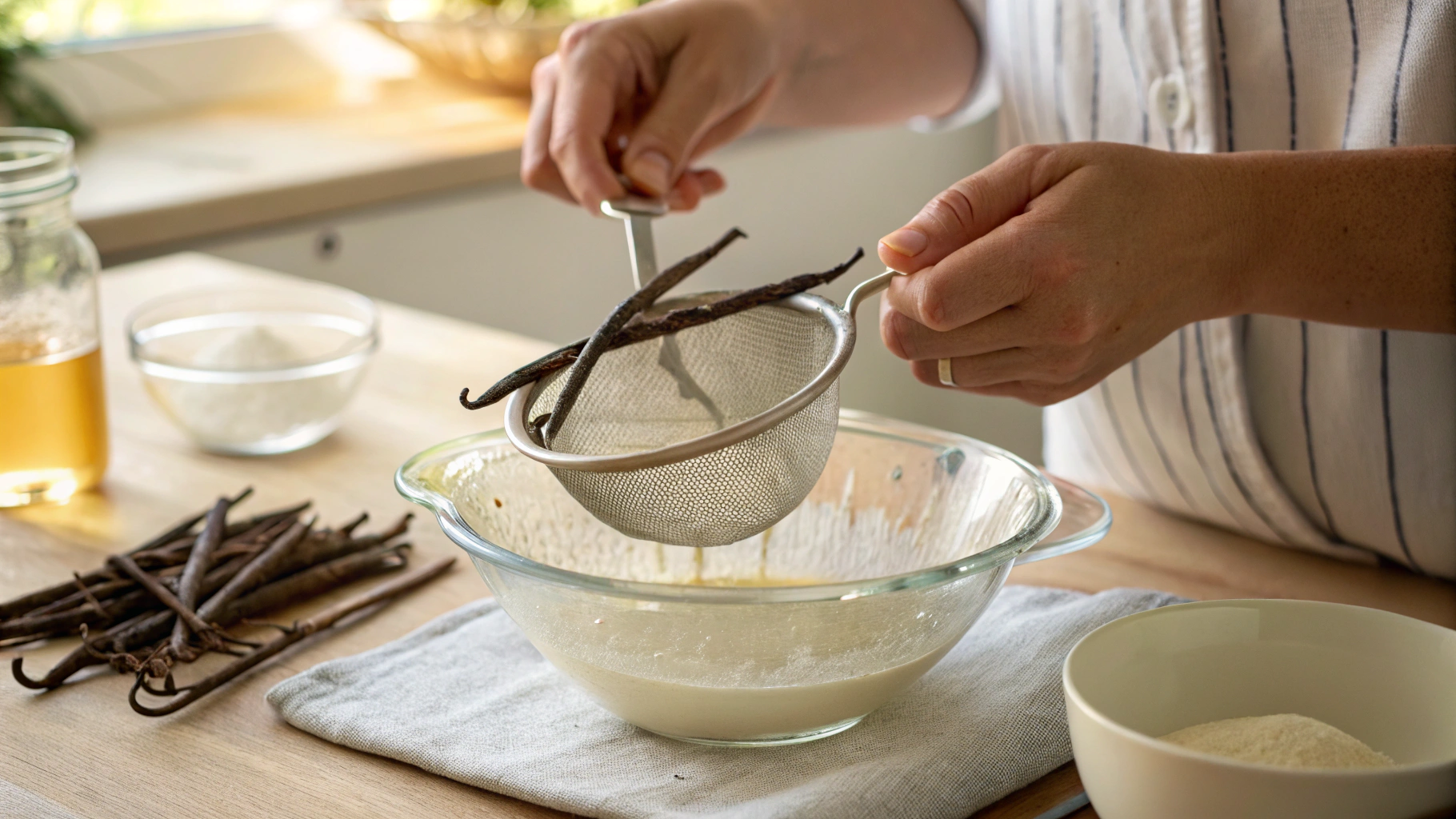 Splitting vanilla beans to extract seeds