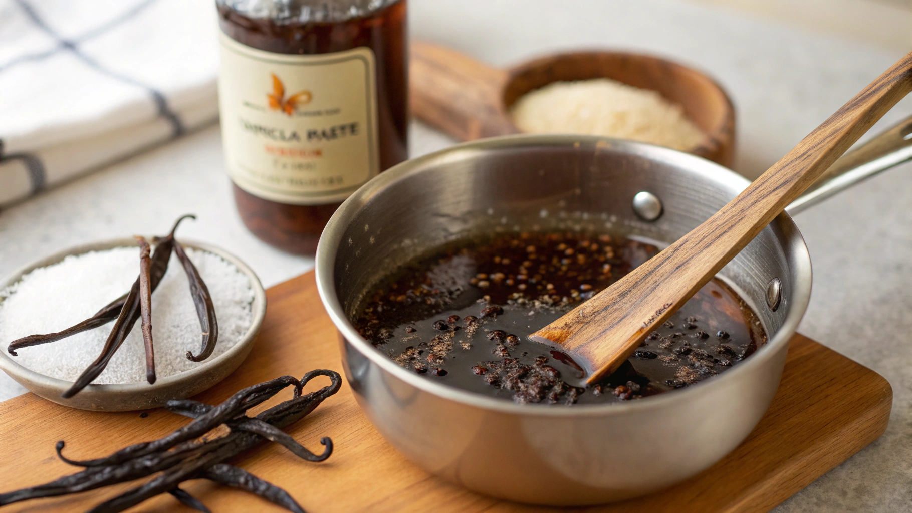 Splitting vanilla beans to extract seeds