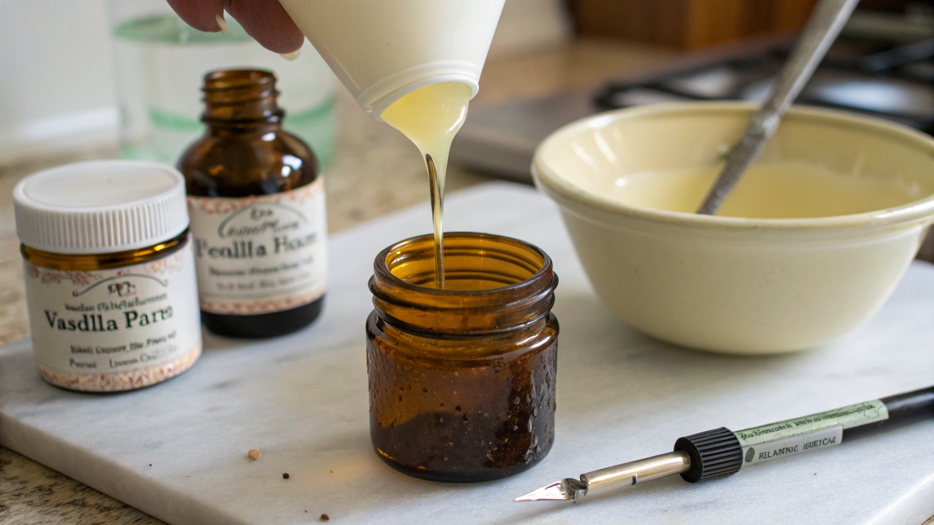 Splitting vanilla beans to extract seeds