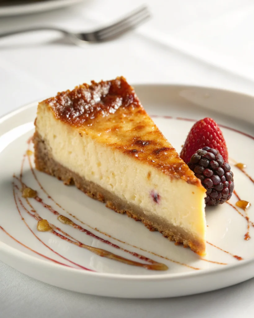 Slice of creamy carnivore cheesecake on white plate