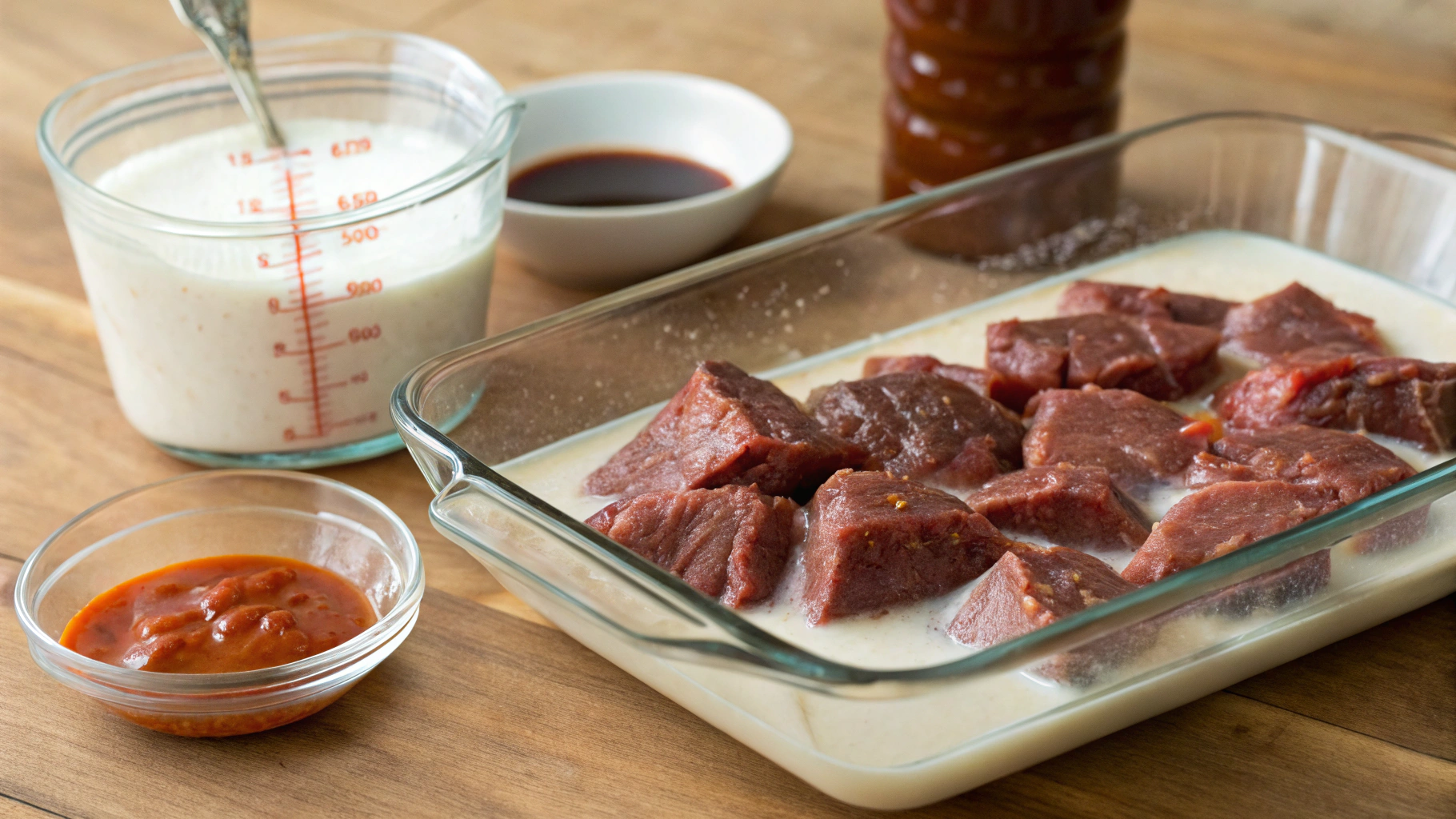 Venison cube steaks soaking in buttermilk and hot sauce mixture