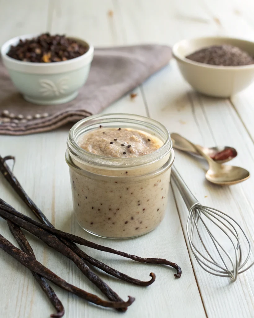 Homemade vanilla paste in a glass jar with vanilla beans