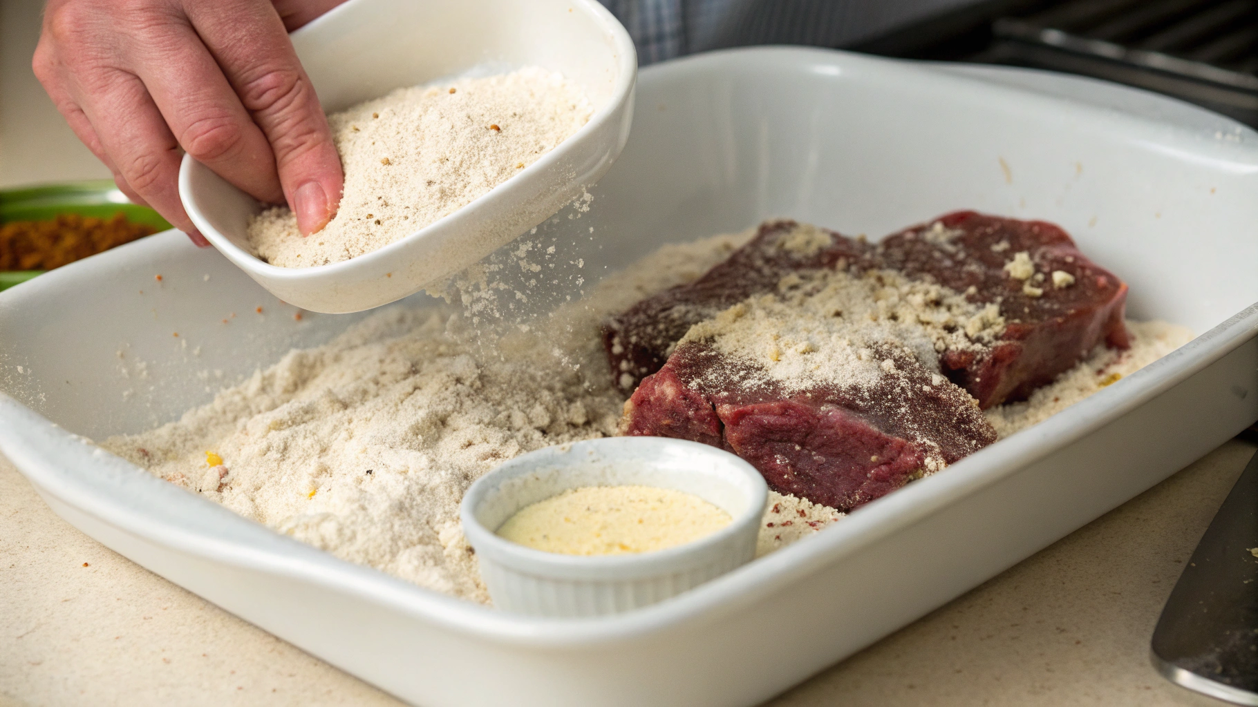 Venison cube steaks soaking in buttermilk and hot sauce mixture