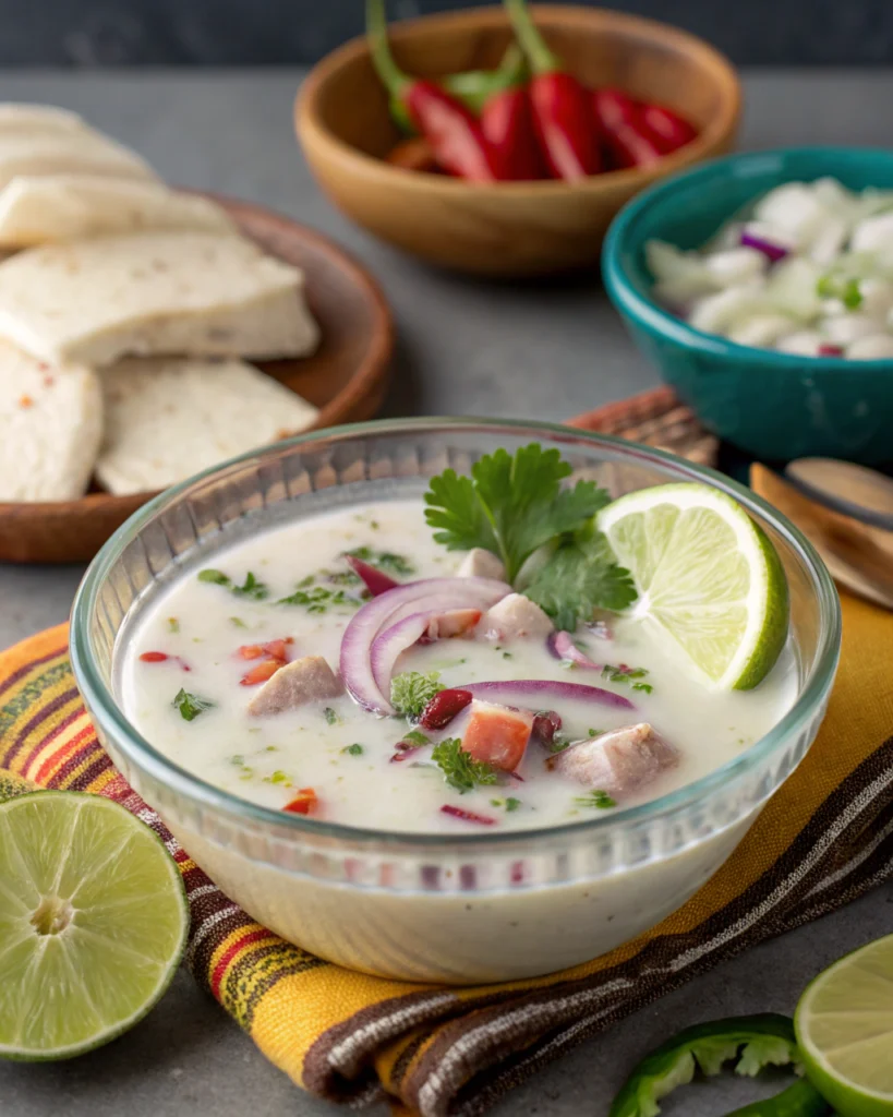 Bowl of citrusy leche de tigre marinade with fresh herbs and seafood