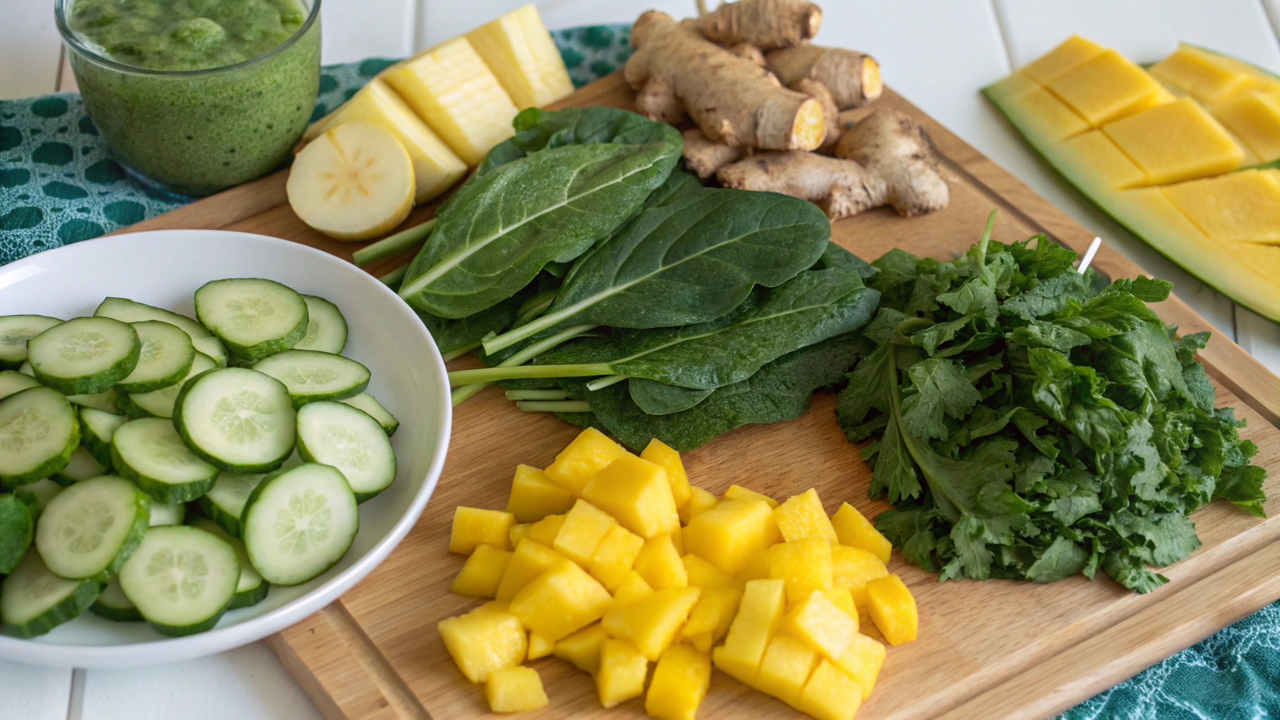 Fresh ingredients prepared for the tropical green blender juice