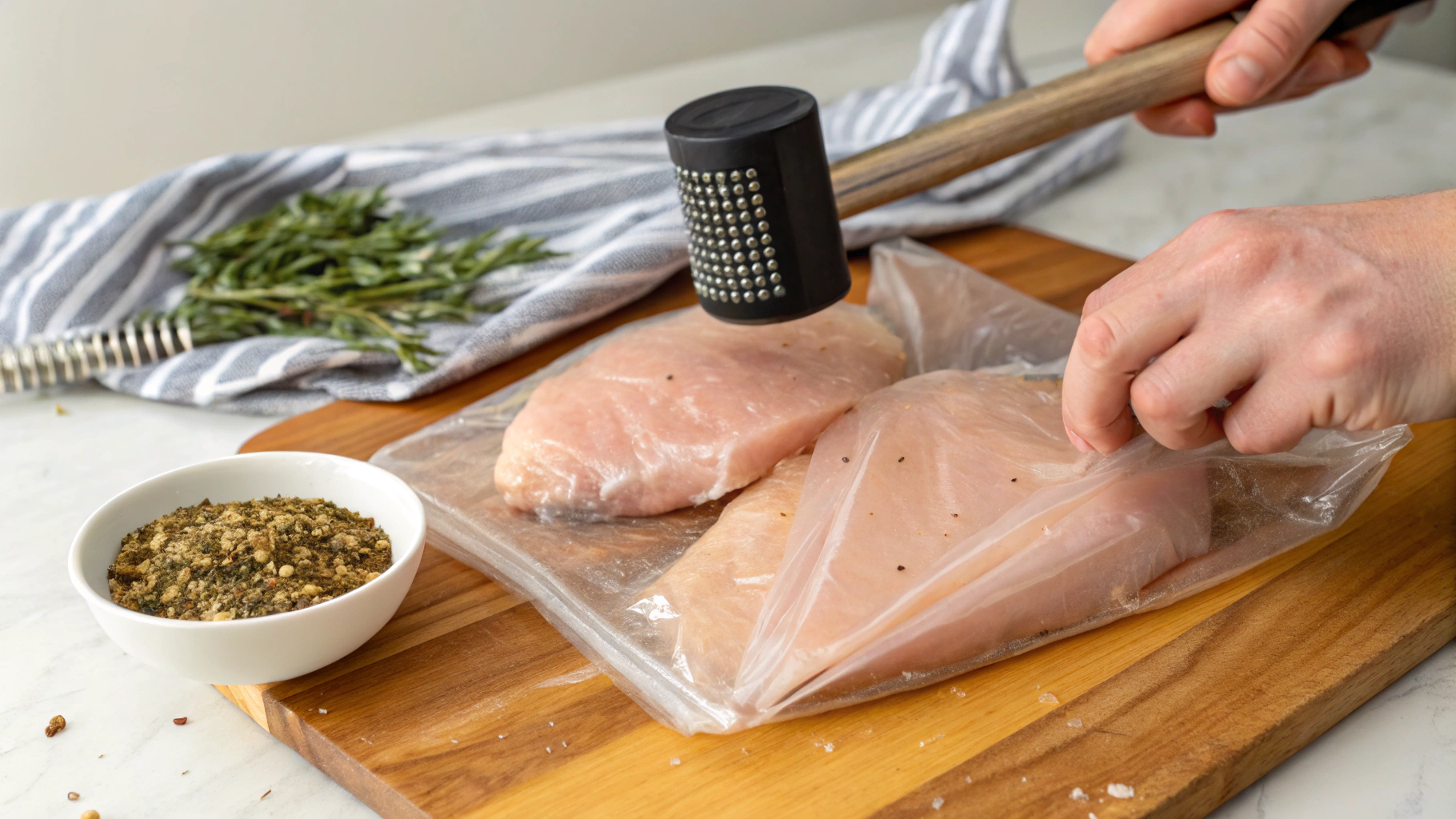 Pounding chicken breasts to even thickness ensures they cook evenly