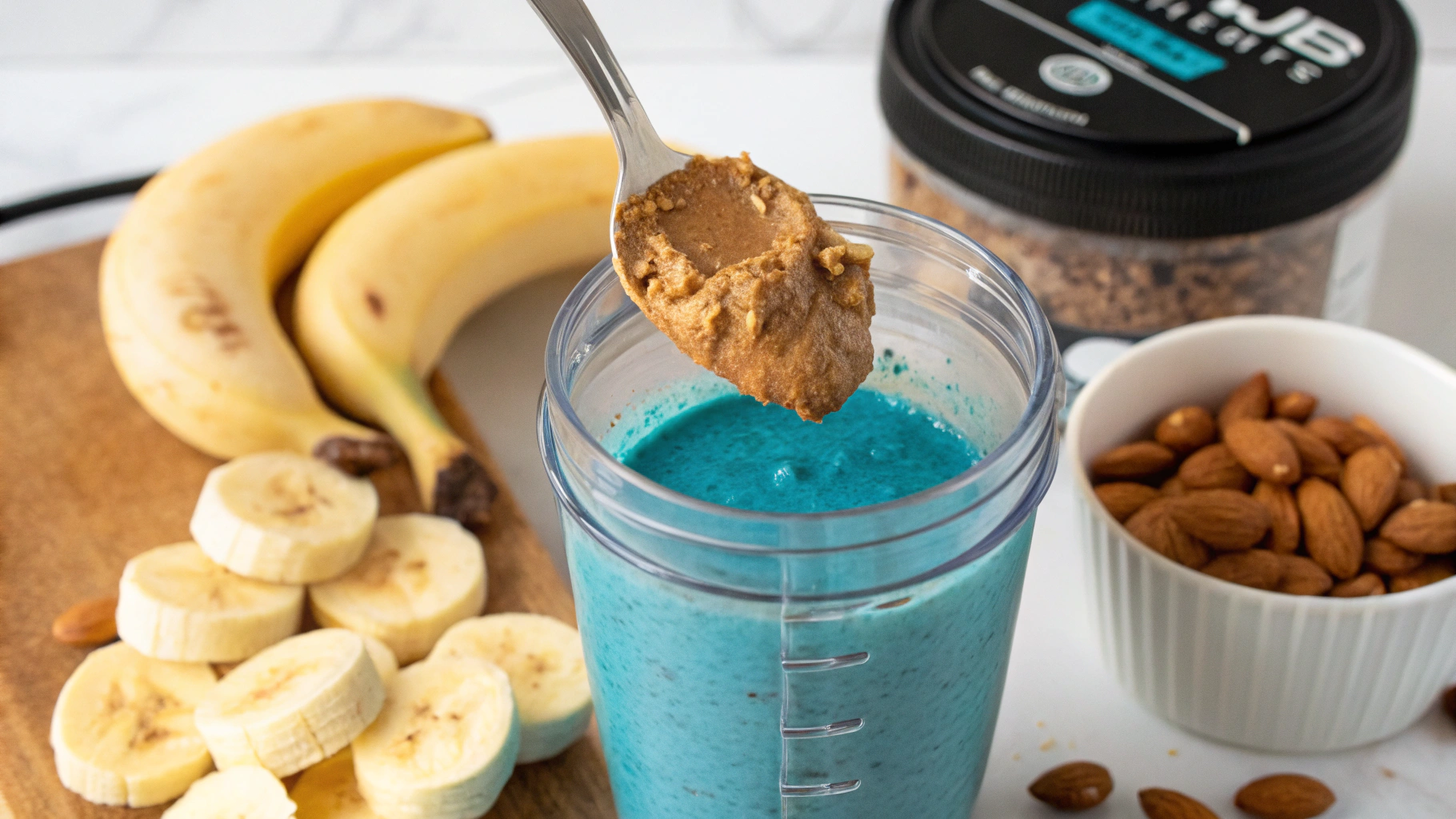 Adding almond milk to the Ninja Fit blender cup first