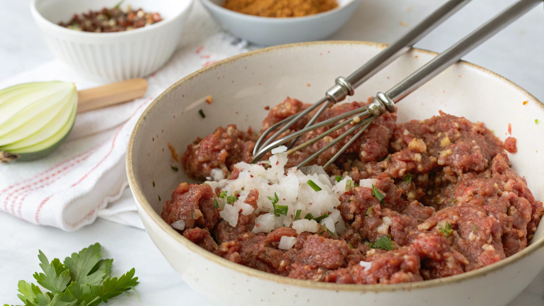Preparing the meat mixture for Kabob Koobideh