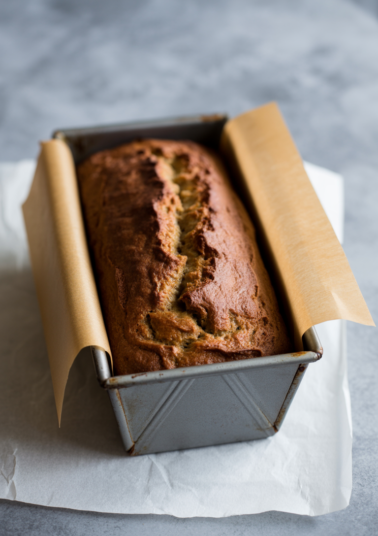 Loaf pan lined with parchment paper for easy bread removal