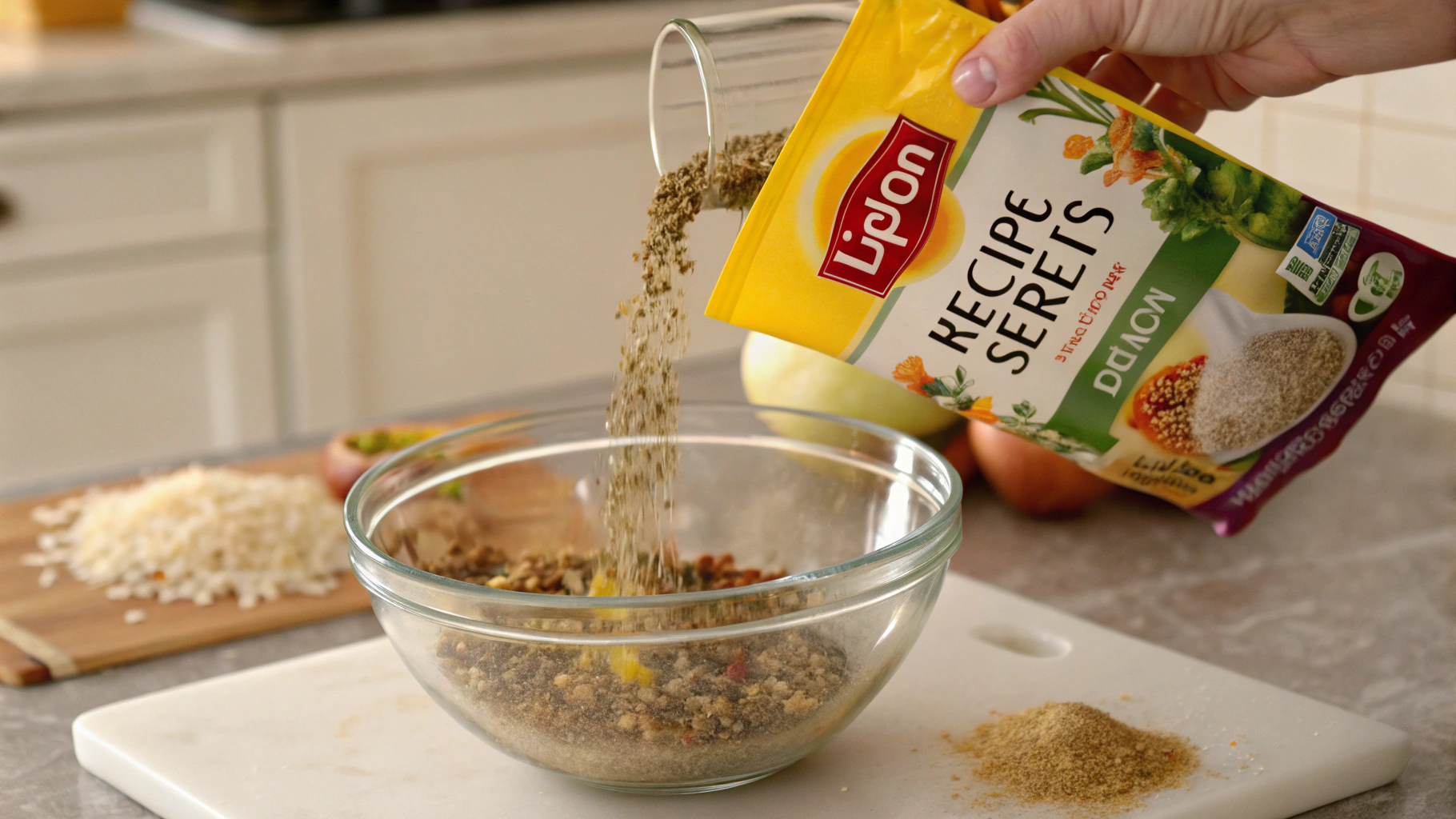 Adding Lipton Onion Soup Mix to the bowl