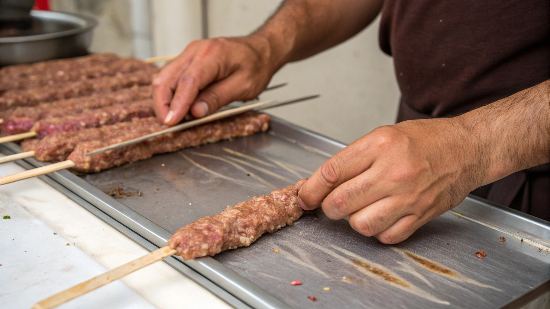 Preparing the meat mixture for Kabob Koobideh