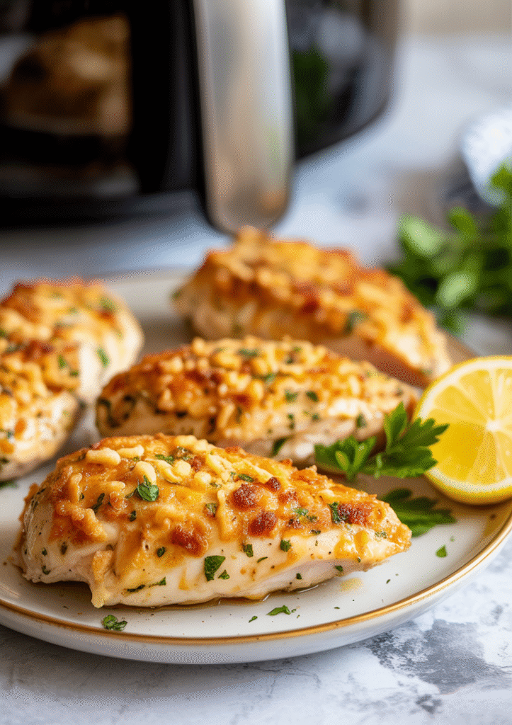air fryer parmesan crusted chicken with golden parmesan crust