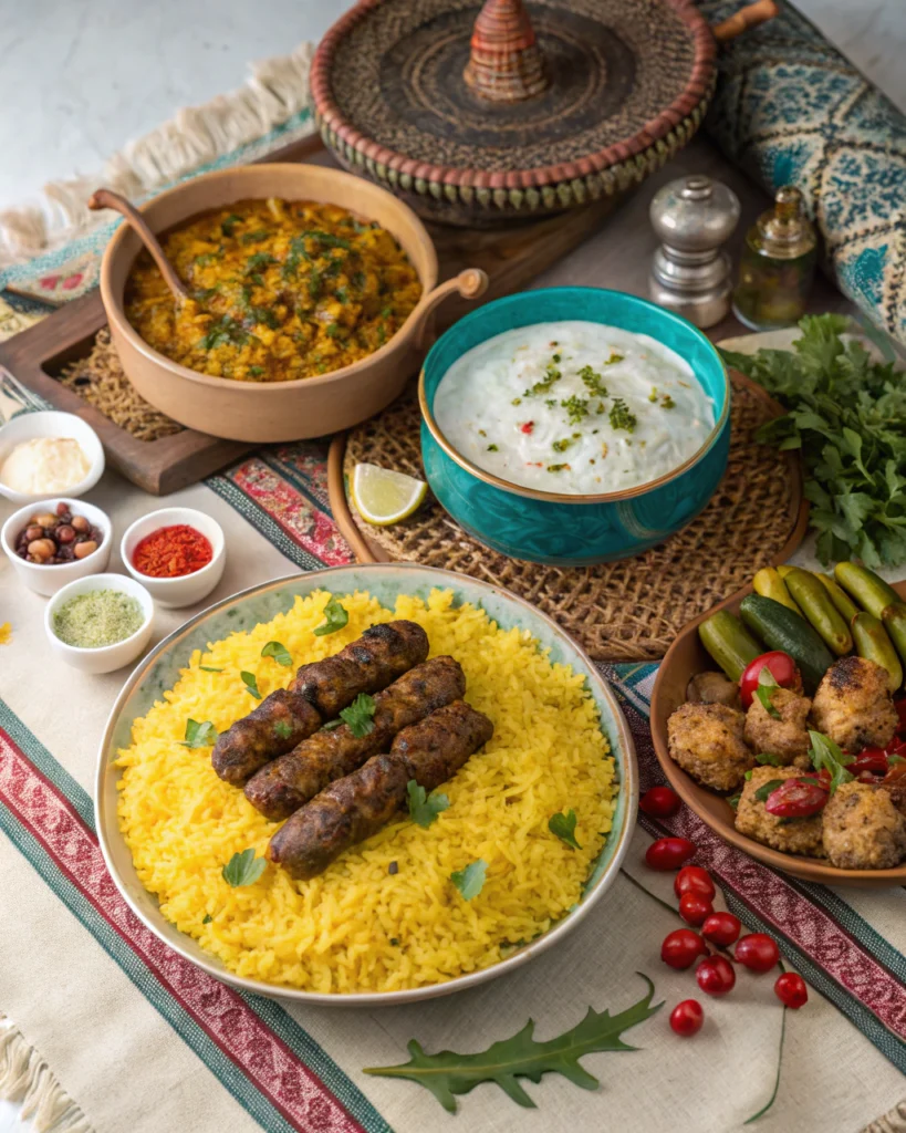 Authentic Persian meal spread with colorful rice dishes, kebabs and traditional stews