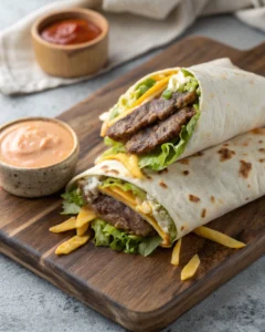 Big Mac Wraps Recipe showing layers of beef, cheese, lettuce, and sauce