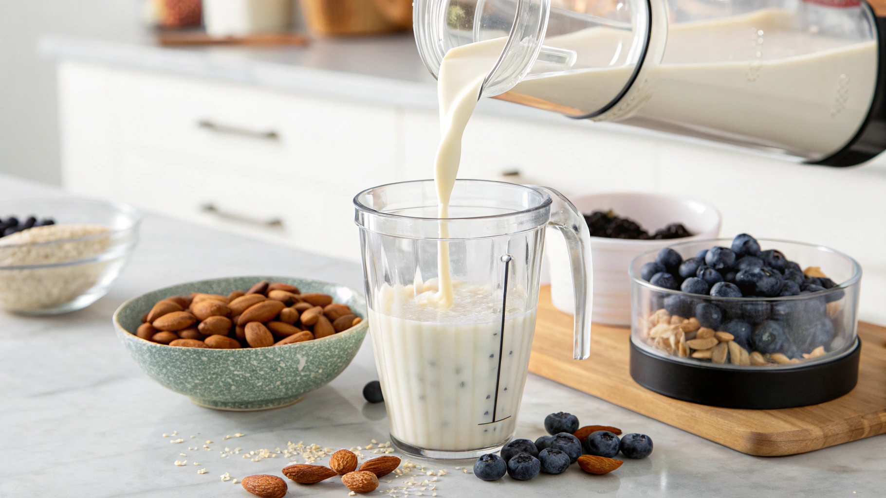 Adding almond milk to the Ninja Fit blender cup first