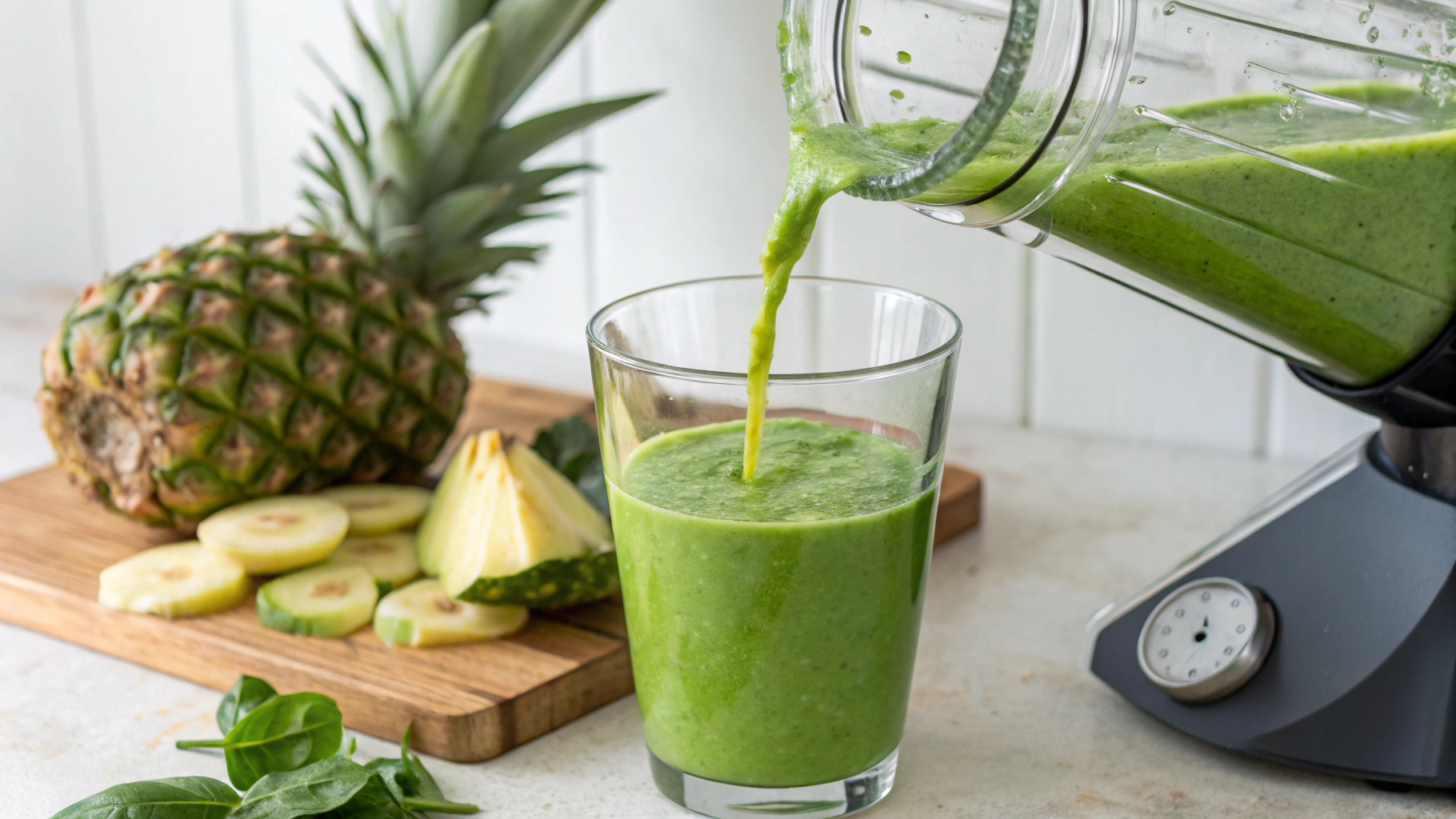 Fresh ingredients prepared for the tropical green blender juice