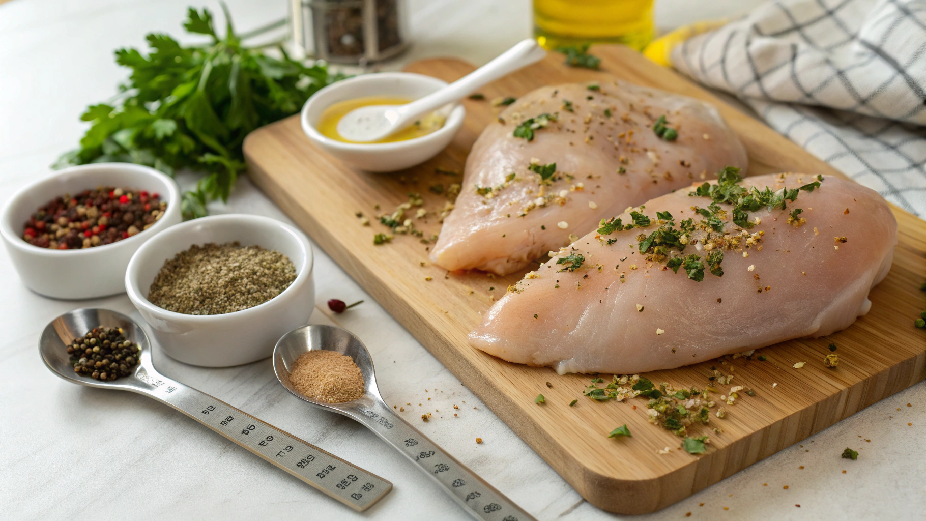 Seasoning chicken breasts with garlic powder and Italian herbs
