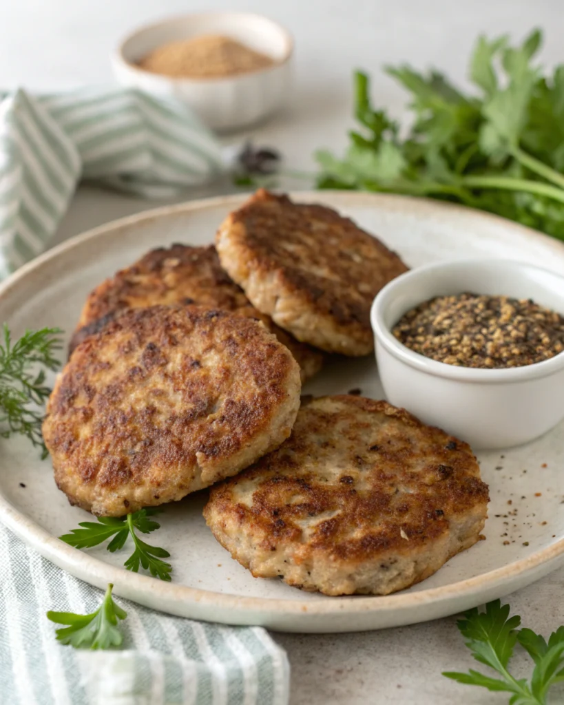 Freshly cooked Jimmy Dean style breakfast sausage patties on a white plate