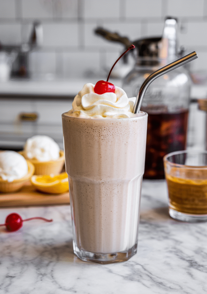 Homemade vanilla milkshake in a tall glass