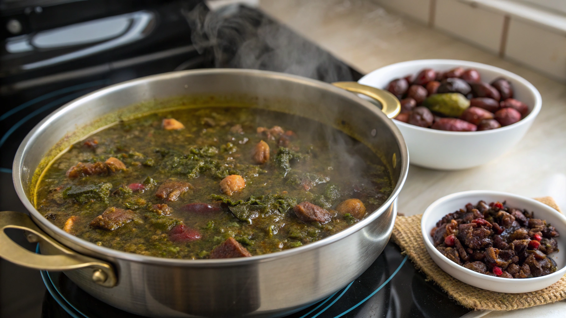 Ghormeh Sabzi simmering with tender meat pieces and kidney beans