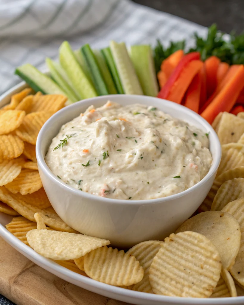 Homemade Lipton onion dip with potato chips and vegetables