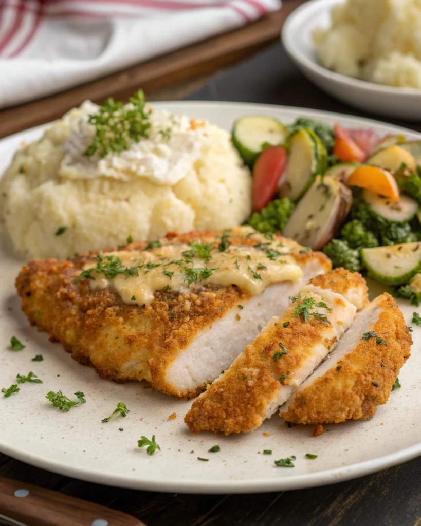 Crispy golden Longhorn Parmesan Crusted Chicken on a white plate with sides
