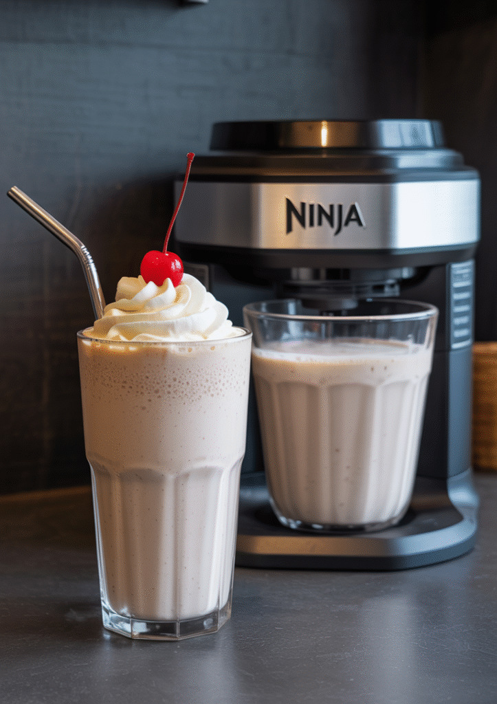 ninja creami milkshake in a tall glass with whipped cream