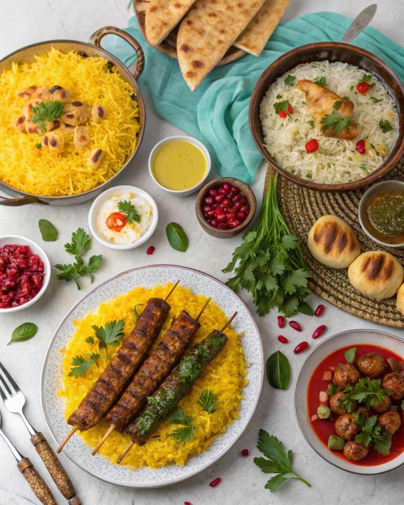 Traditional Persian food feast with various colorful dishes including rice, stews, and kabobs
