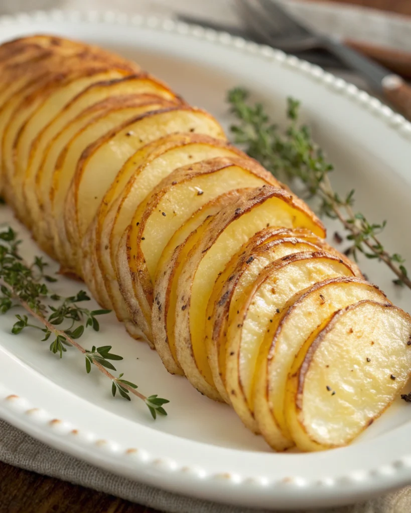 Beautifully layered potato pavé with golden crispy exterior and creamy interior