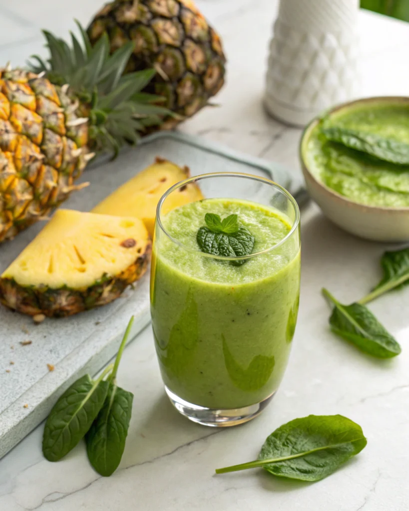 blender juice recipes - tropical green juice in a clear glass with ingredients