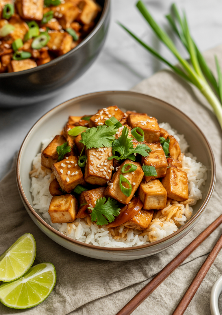 Coating the tofu cubes with cornstarch mixture ensures a crispy exterior