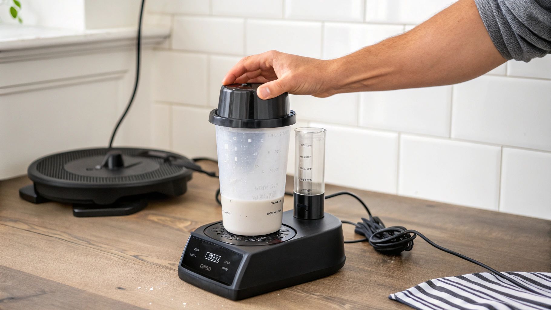 Adding almond milk to the Ninja Fit blender cup first