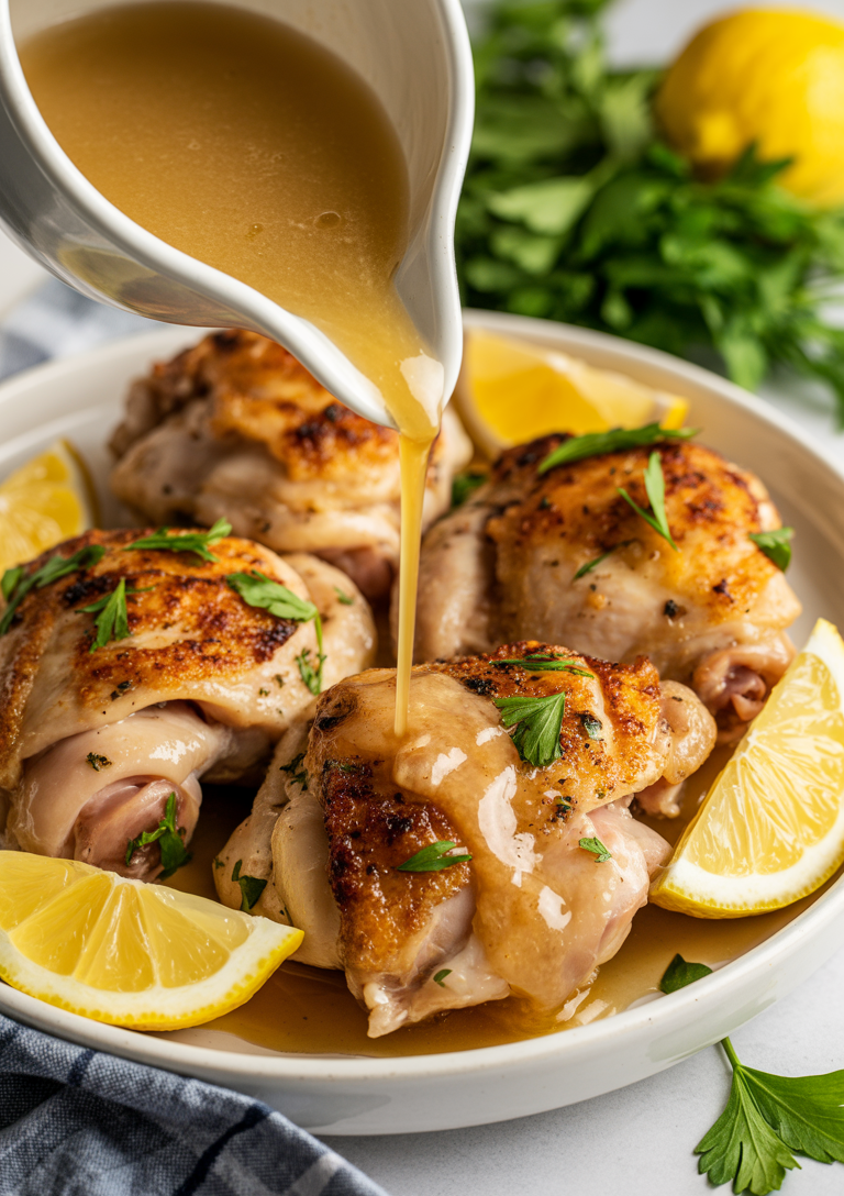 Searing chicken thighs in the Ninja Foodi creates a beautiful golden crust