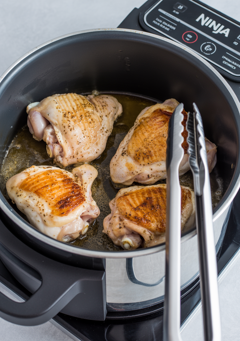 Searing chicken thighs in the Ninja Foodi creates a beautiful golden crust