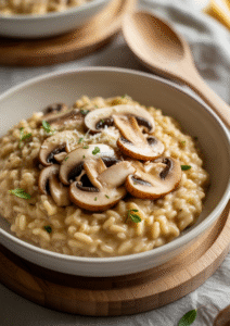 Creamy mushroom risotto in a white bowl with herbs and cheese as a vegetarian dinner recipe