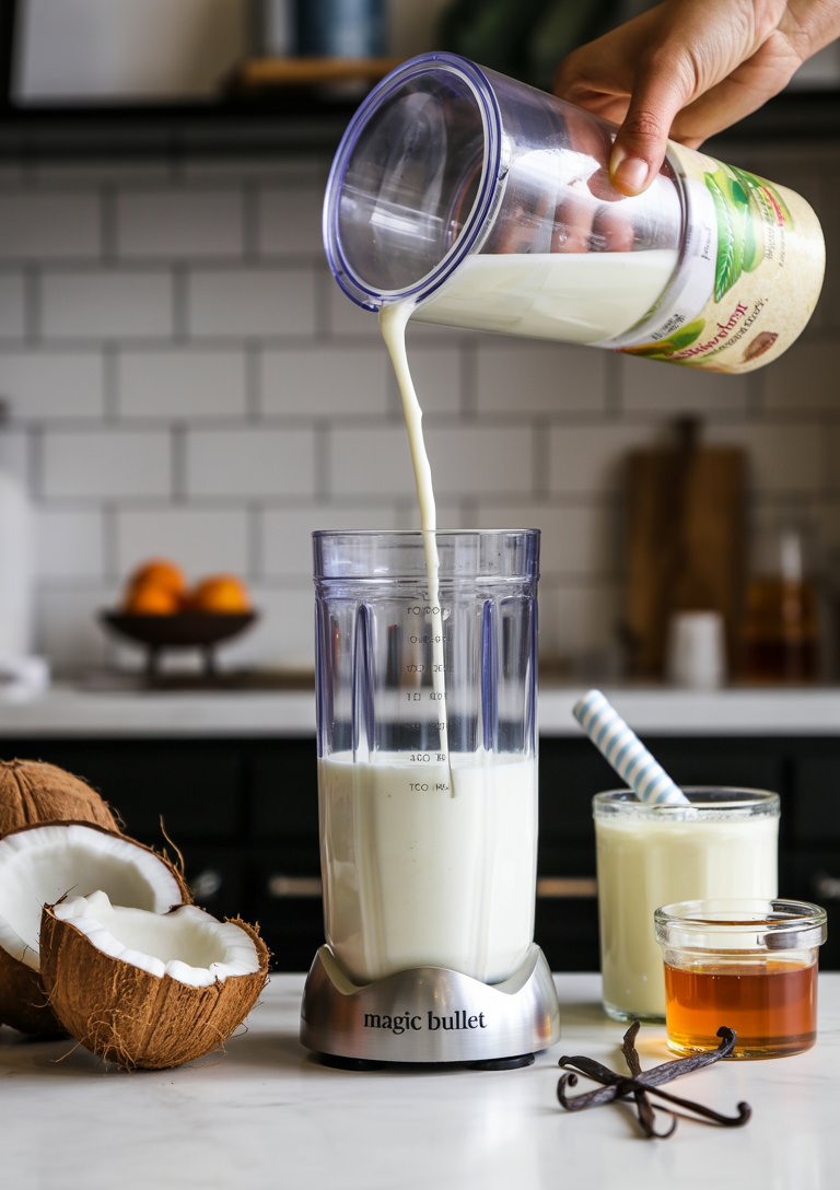 Adding the liquid base to the Magic Bullet cup