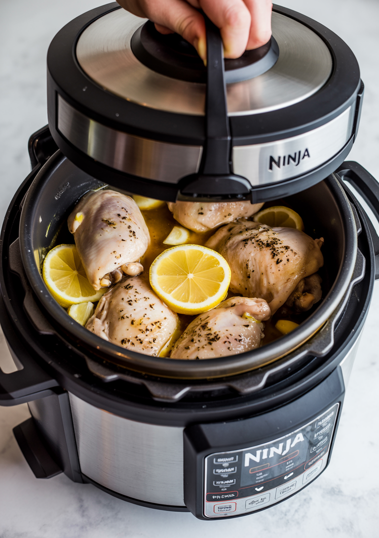 Searing chicken thighs in the Ninja Foodi creates a beautiful golden crust