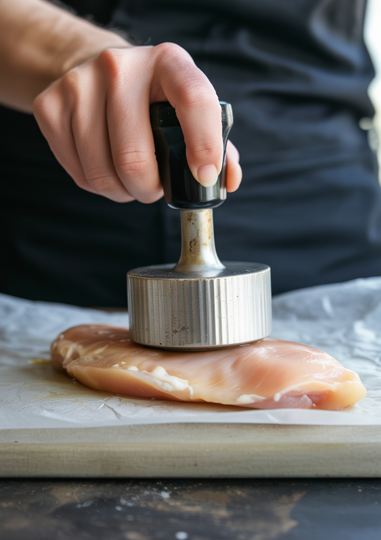Pounding chicken to even thickness ensures quick and even cooking